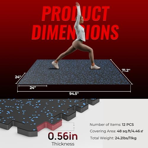 0.56'' Thick 24 Pcs 96 Sq Ft Rubber Top Exercise Equipment Mats, Black V52987