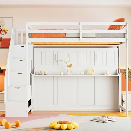 Queen Size Gray Murphy Bed Wall Bed with Desk and Closet Drawers and Shelves R71772