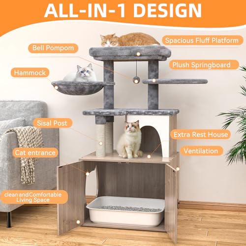 Grey Litter Box Enclosure with Cat Tree and Sisal Scratching Post W588290