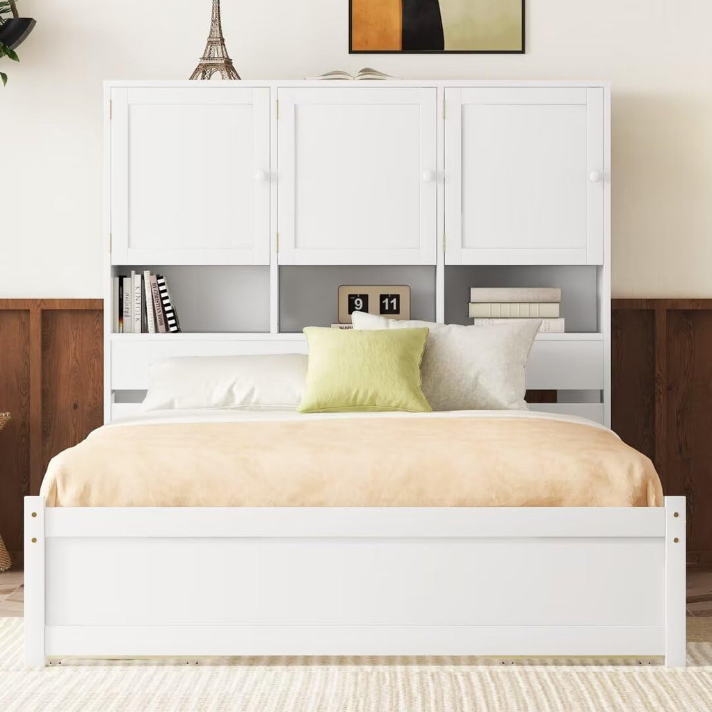 Queen Size Platform Bed with 4 Storage Drawers & Bookcase Headboard, White N13470