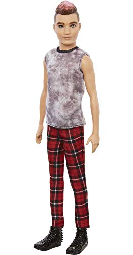 Barbie Ken Fashionistas Doll with Sculpted Brunette Ombre-Tipped Hair Wearing Sleeveless Tie-dye Shirt, Red Plaid Pants & Black Boots Z2146