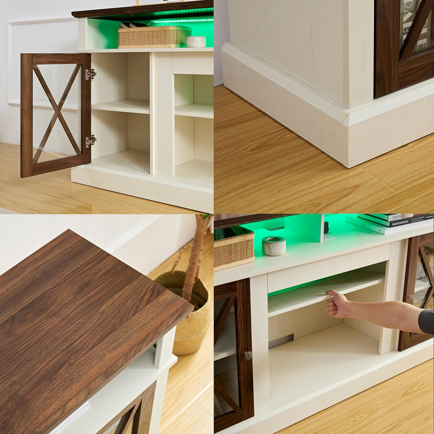 White TV Stand with Glass Barn Door and Adjustable Storage Shelves F9125