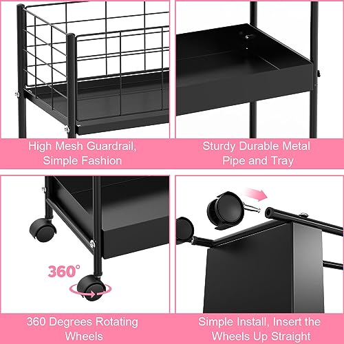 Black 3 Tier Metal Rolling Utility Cart L6945
