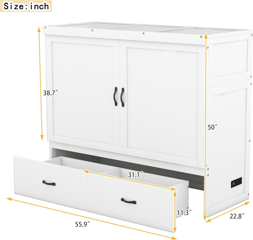 White Full Size Wood Murphy Bed with Storage Drawer C562314