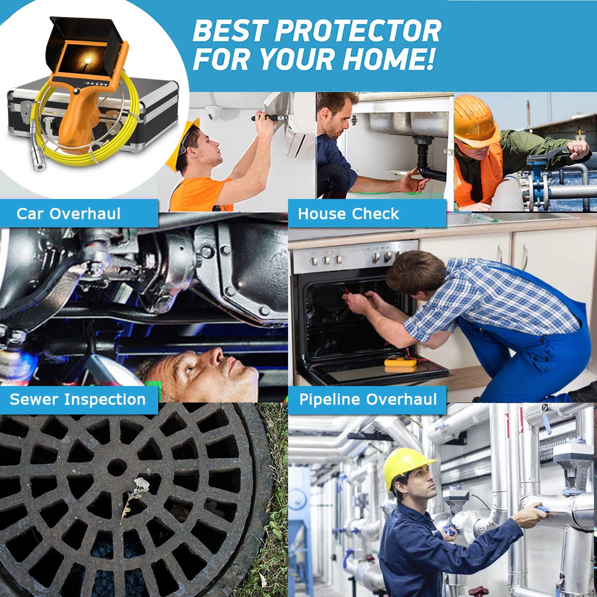IP68 Waterproof Pipe Inspection Camera with 7TFT Monitor 20M/65ft W860389