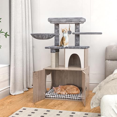 Grey Litter Box Enclosure with Cat Tree and Sisal Scratching Post W588290
