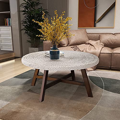 Natural Seagrass Round Coffee Table with Solid Wood Base, 32 x 17 Inches D150314