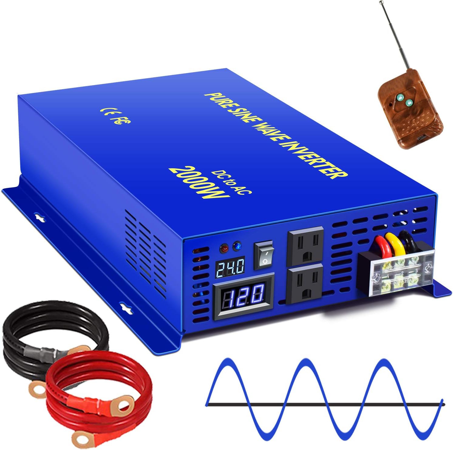2500W Pure Sine Wave Inverter 24v to 110V 120V AC with Wireless Remote Switch Y709894