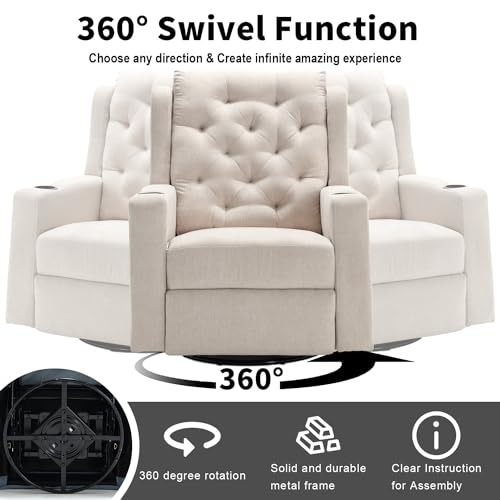 Oversized Swivel Rocker Recliner Chair with Cup Holders, Beige S960