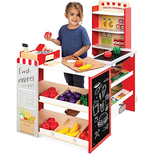 Red Wooden Supermarket Toy Set with Play Food, Cash Register, Conveyor F303776