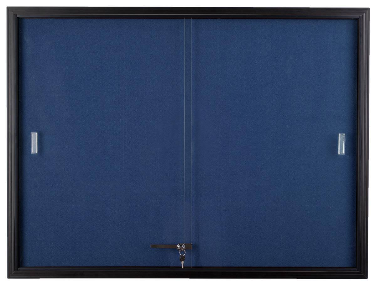 48 inch x 36 inch Blue Fabric Locking Bulletin Board with Sliding Glass Doors C542122