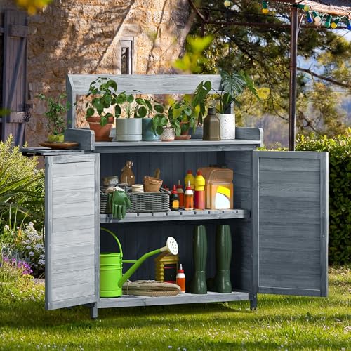 Solid Wood Potting Bench Table with Folding Pallet and Metal Tabletop, Grey J456210