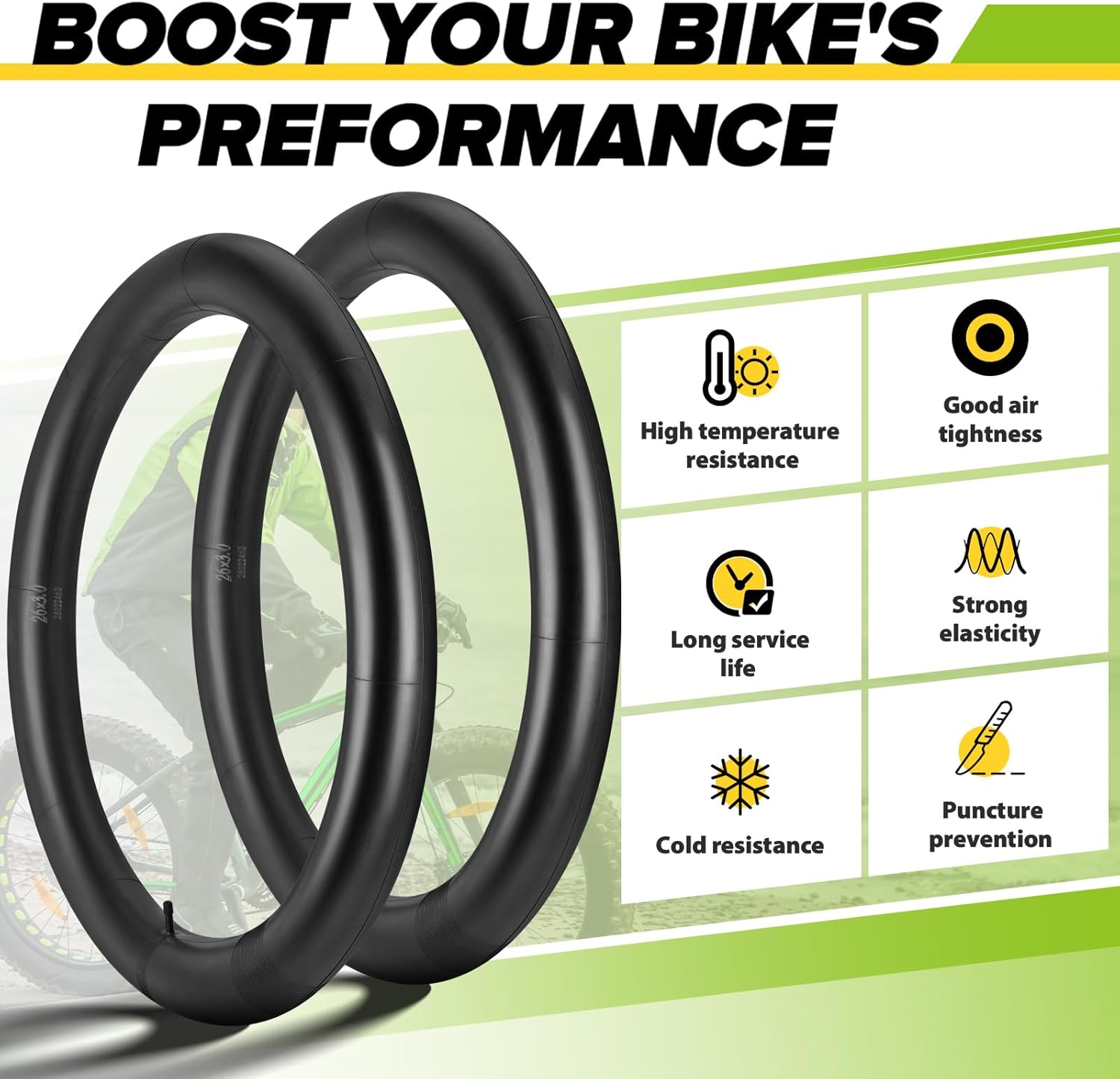 2 Pack 26x3.0-3.5, 2 Pack 26x3.5-4.5 Fat Bike Tube with AV 32mm Valve, Premium Butyl Rubber 26 x 3.5 Fat Tire Bike Tubes with 2 Tire Levers R563663