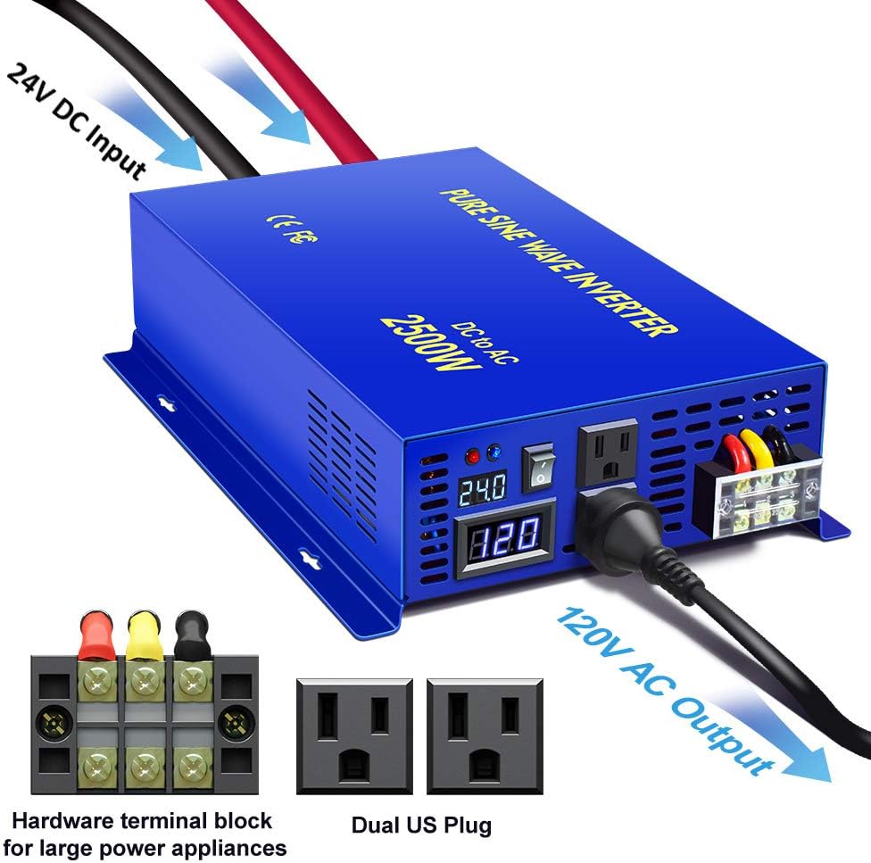 2500W Pure Sine Wave Inverter 24v to 110V 120V AC with Wireless Remote Switch Y709894