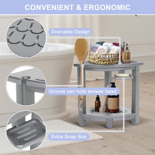 Black HDPE Corner Shower Stool with Storage Shelf and Adjustable Feet O936113