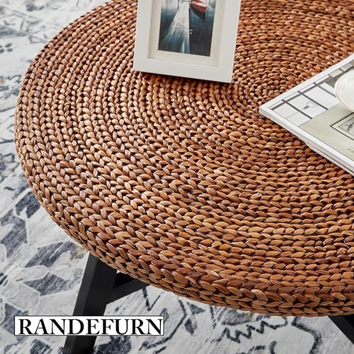 Natural Seagrass Round Coffee Table with Solid Wood Base, 32 x 17 Inches D150314