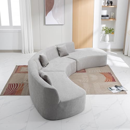 Grey Chenille Curved Sofa Sectional with Three Throw Pillows C11439