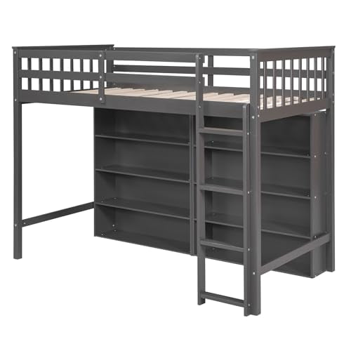 White Full Size Wood Loft Bed with Cabinet and Bookshelf L1251