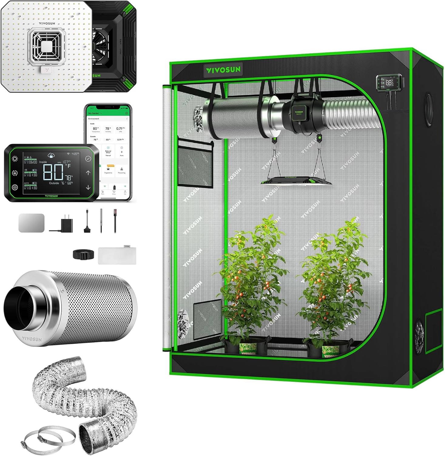 4x2 Grow Tent Smart Kit with 100W LED Grow Light, 6 Inch Air Aluminum Ducting and 6 Inch Air Carbon Filter V60901