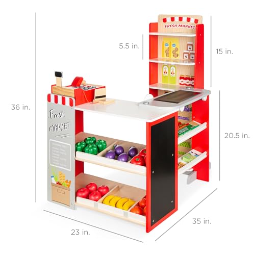Red Wooden Supermarket Toy Set with Play Food, Cash Register, Conveyor F303776