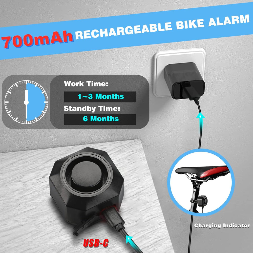 USB Rechargeable Bike Alarm with Remote, 110dB Wireless Anti Theft Vibration Motion Sensor Waterproof Bicycle Alarm U3527