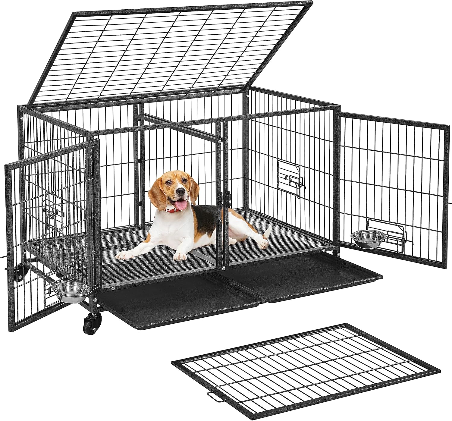 Stackable Dog Crate with Divider 43'' Rolling Heavy Duty Dog Cage with Open Top 2 Removable Trays Q674
