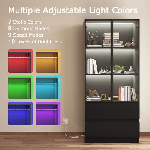 Glass Display Cabinet with LED Lights, 3-Tier Shelves and 2 Drawers X216489