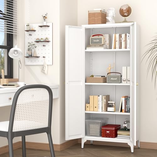 White Metal Tall Kitchen Pantry Cabinet with Doors and Adjustable Shelves V5515