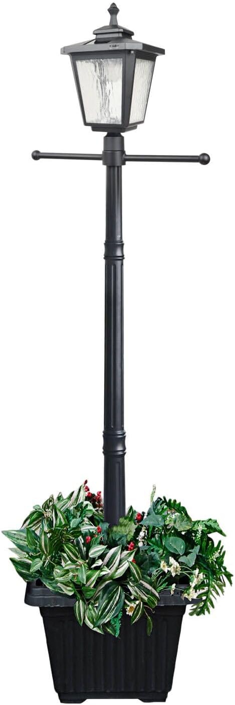 76" Height Solar Lamp Post Lights with Planter, Die-Casting Aluminum, Glass Lampshade with Warm White LED, Matte Black U917