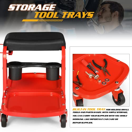 Black Garage Mechanic Creeper Seat with Tool Tray and Can Holder, Rolling Stool W196