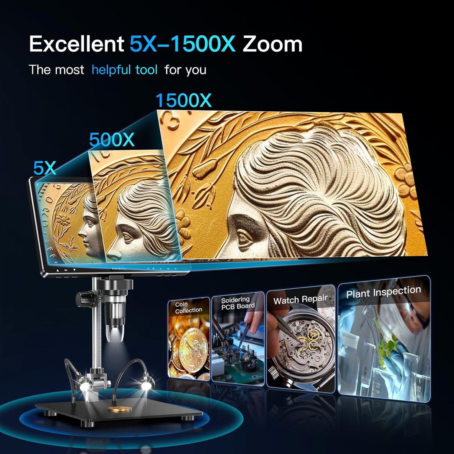 HDMI Digital Microscope 1500X HD IPS Screen 20MP Coin Microscope Magnifier with Light A30009
