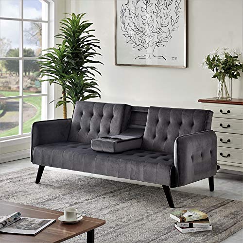Blue Velvet Upholstered Futon Sofa Bed with Center Console and Cupholders S651281