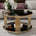 Black Round Coffee Table with Tempered Glass Tabletop and Metal Drum Base E87800