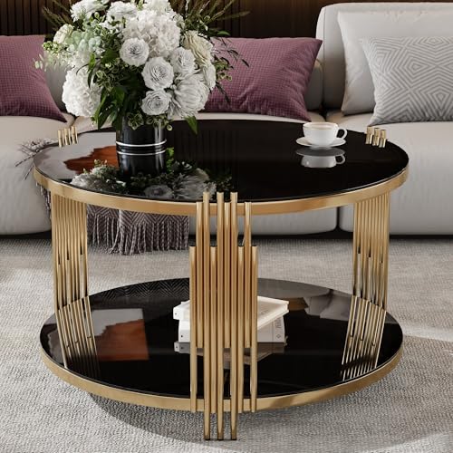 Black Round Coffee Table with Tempered Glass Tabletop and Metal Drum Base E87800