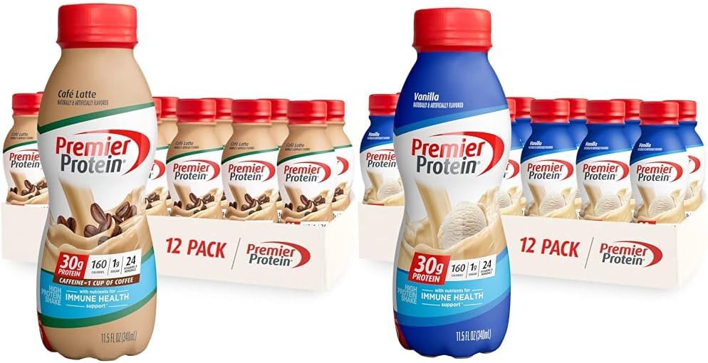 Café Latte & Vanilla Protein Shake, 30g Protein, 1g Sugar, 12 Packs Each Flavor 11.5 oz Bottles W409778