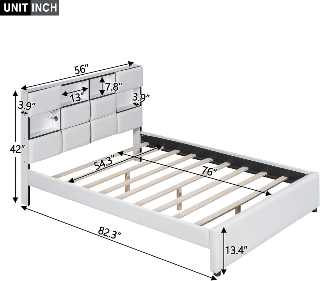 Beige Full Size Upholstered Platform Bed with Storage Headboard S570