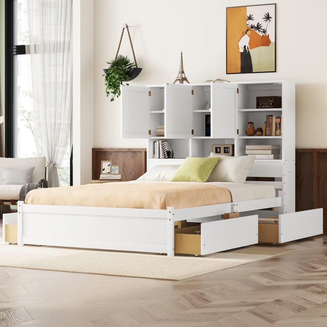 Queen Size Platform Bed with 4 Storage Drawers & Bookcase Headboard, White N13470
