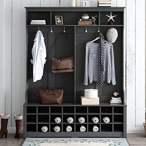 White Wood Hallway Organizer with 3 Shelves, 2 Drawers, Bench, Shoe Rack S78267