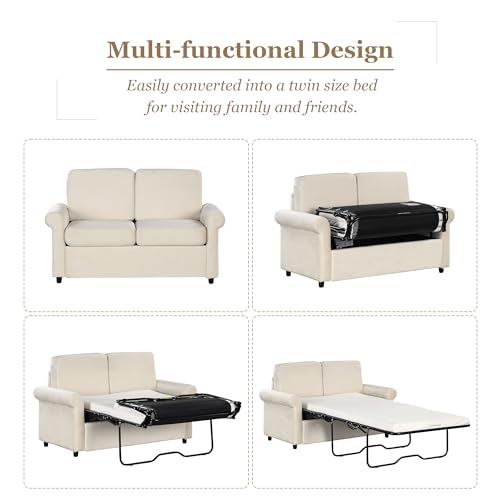 Beige Pull Out Sofa Bed with Twin Size Mattress Pad K701