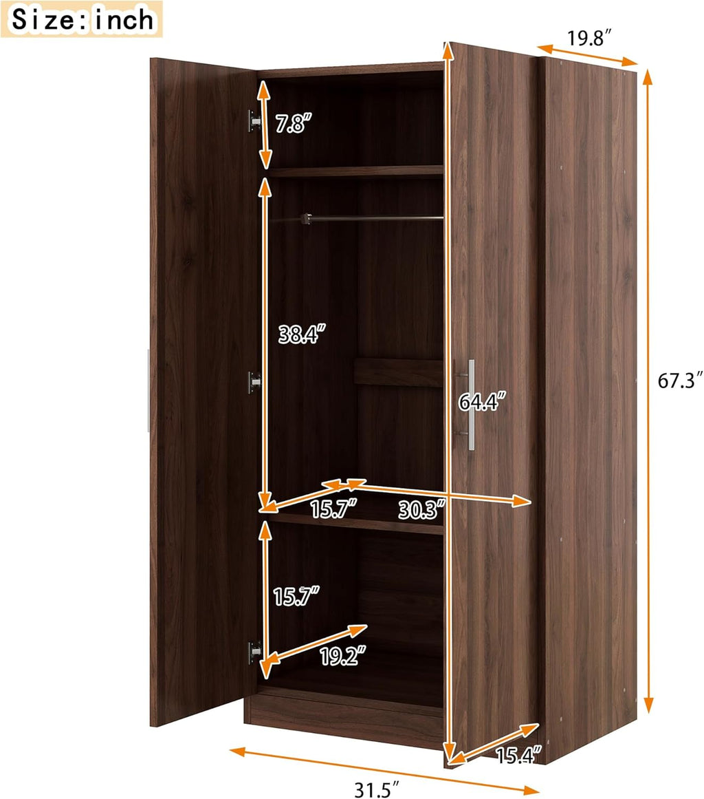 2-Door Wooden Wardrobe Armoire with 3 Adjustable Shelves and Hanging Rod, Brown I937274