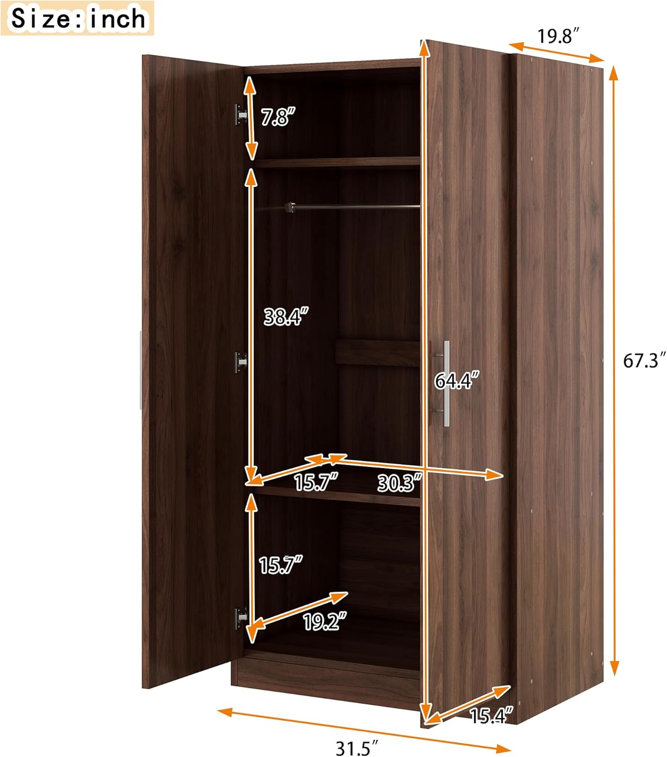 2-Door Wooden Wardrobe Armoire with 3 Adjustable Shelves and Hanging Rod, Brown I937274
