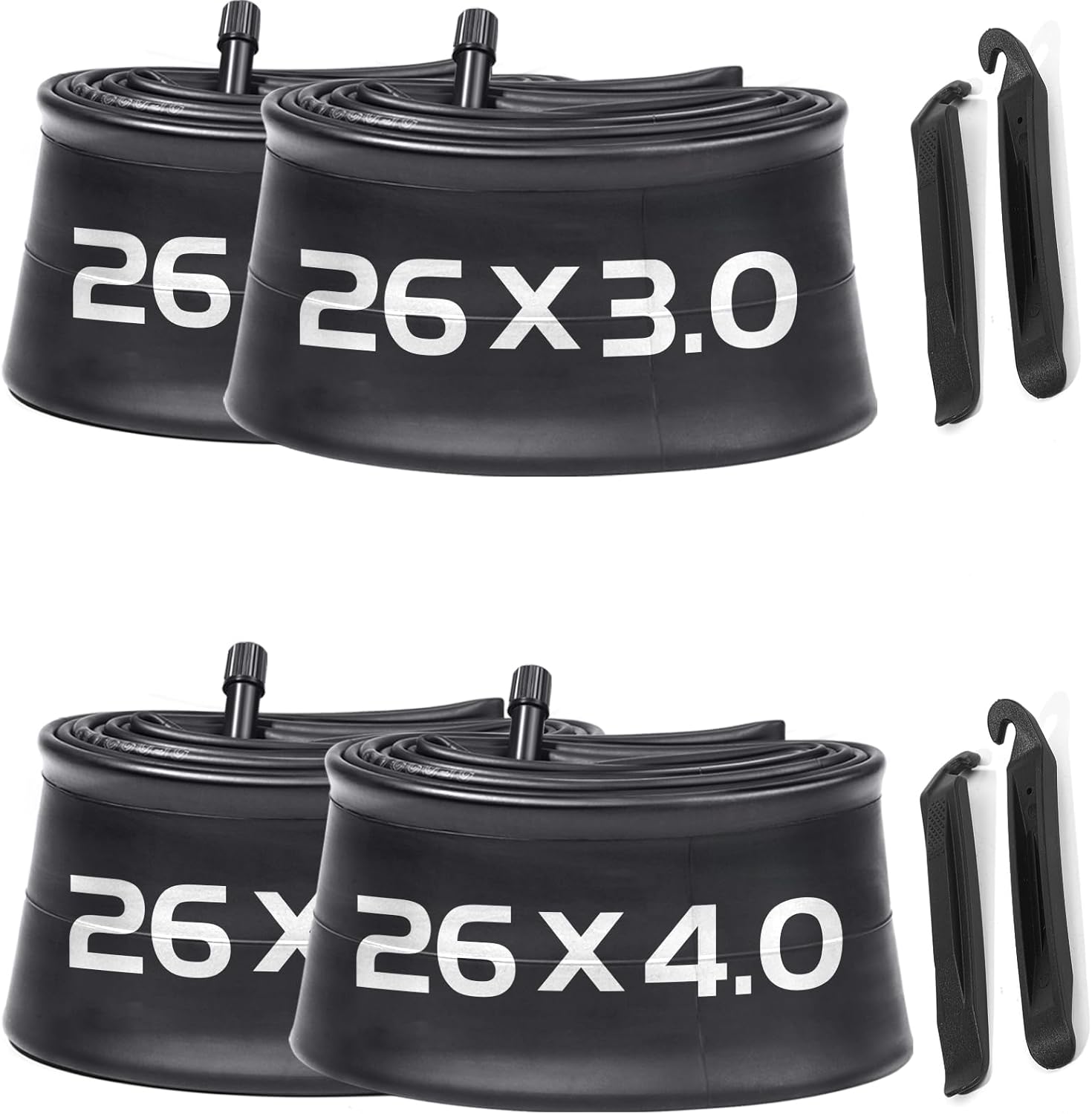 2 Pack 26x3.0-3.5, 2 Pack 26x3.5-4.5 Fat Bike Tube with AV 32mm Valve, Premium Butyl Rubber 26 x 3.5 Fat Tire Bike Tubes with 2 Tire Levers R563663