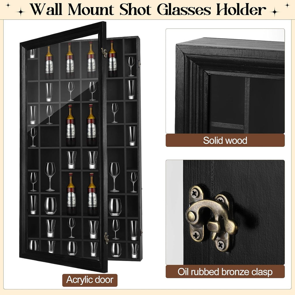 2 Pcs 50 Slots Wood Shot Glass Display Case with Lockable Acrylic Door P9036