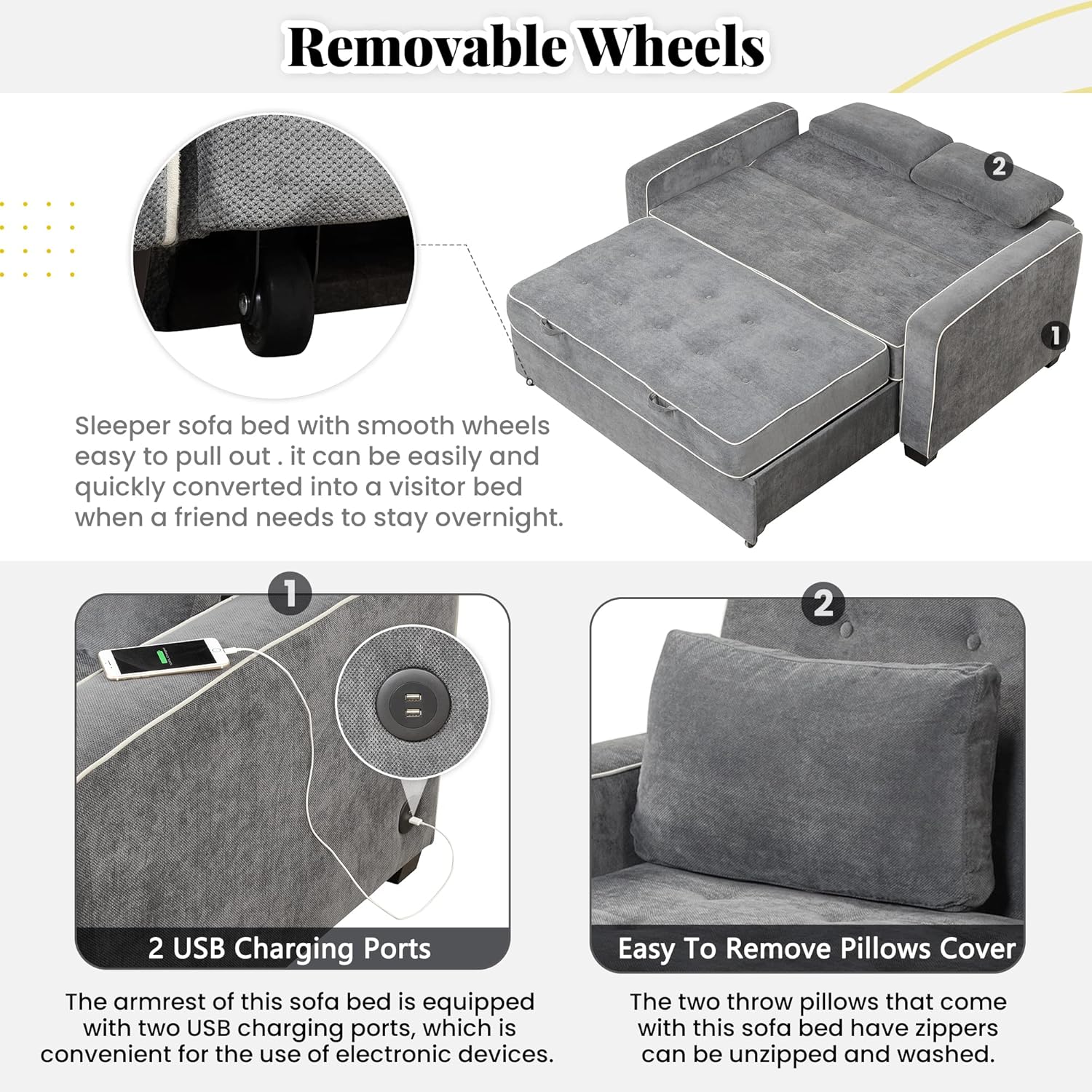 Linen Upholstered Convertible Sofa Bed with USB Charging Port J4263