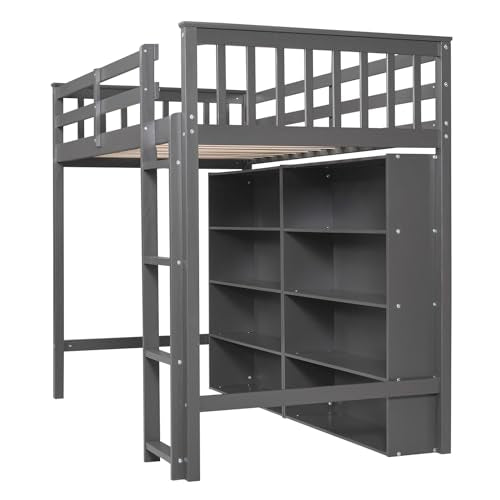 White Full Size Wood Loft Bed with Cabinet and Bookshelf L1251