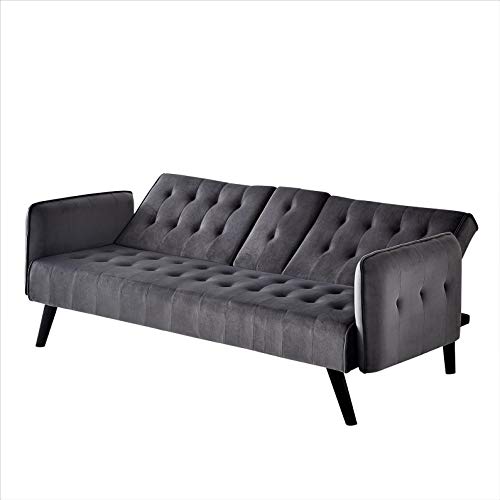 Blue Velvet Upholstered Futon Sofa Bed with Center Console and Cupholders S651281