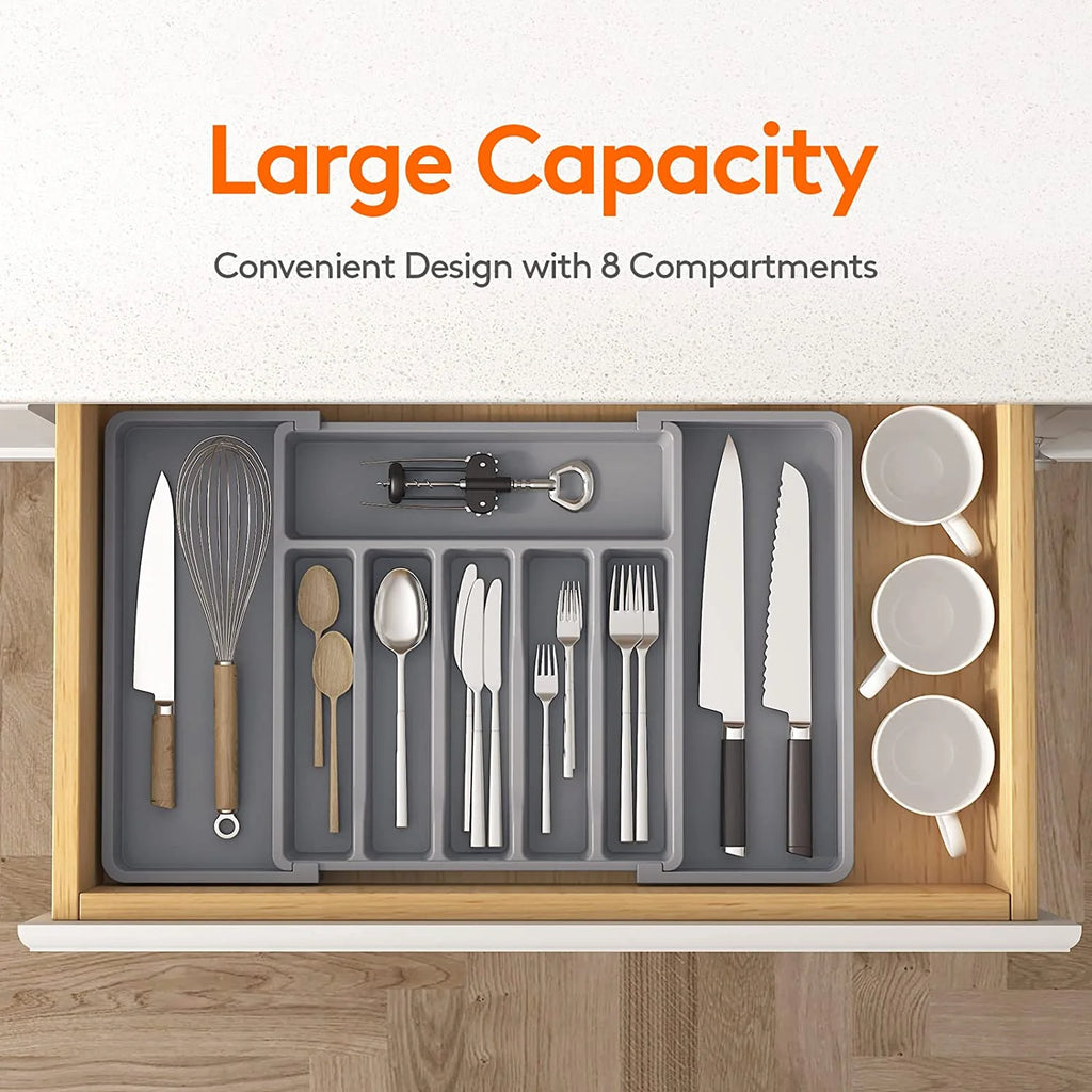 Grey Expandable Plastic Silverware Drawer Organizer H36058