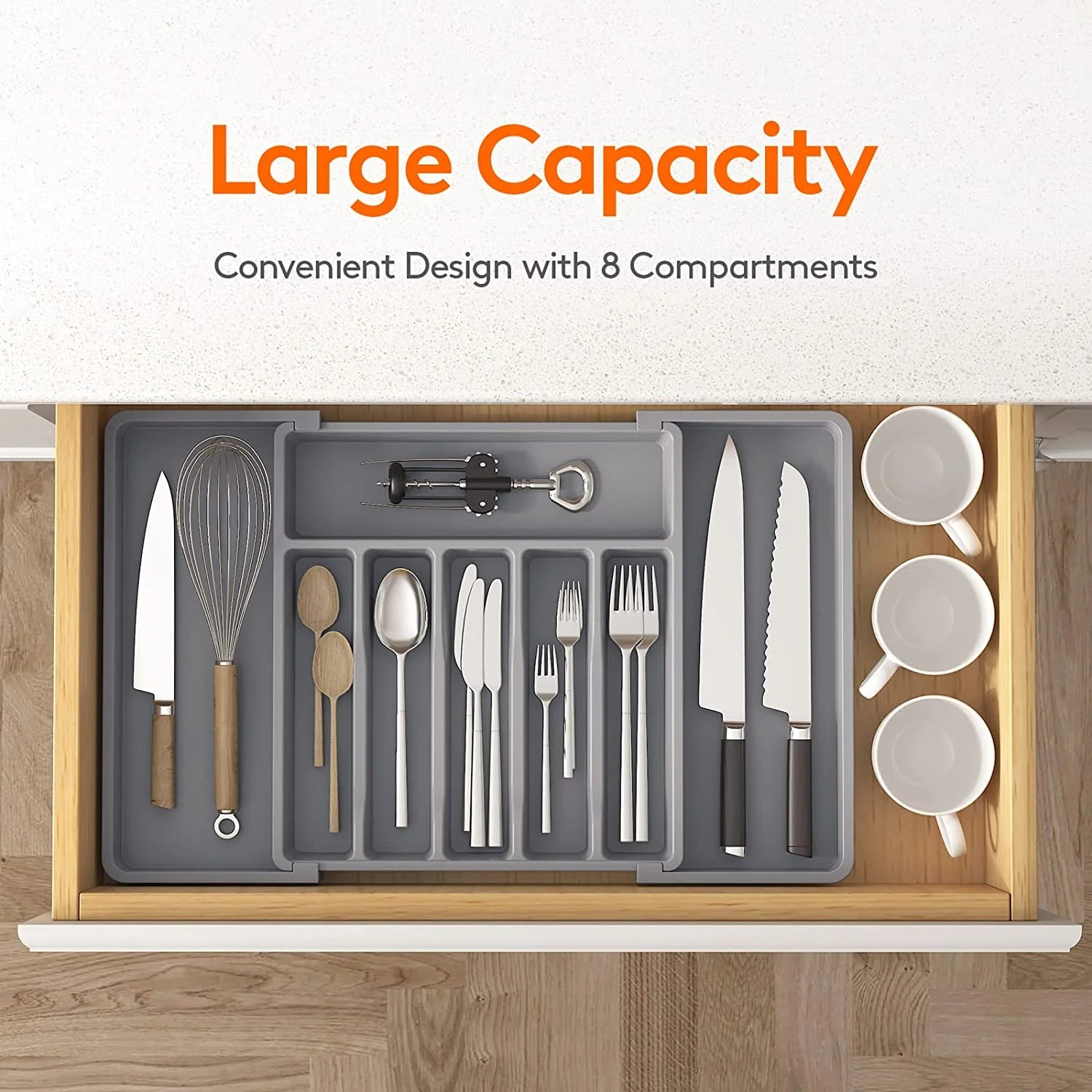 Grey Expandable Plastic Silverware Drawer Organizer H36058