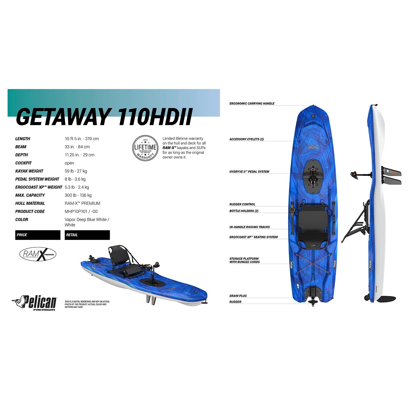 Sit-on-Top Recreational Pedal Kayak - 10 ft - Vapor Deep Blue/White V29004
