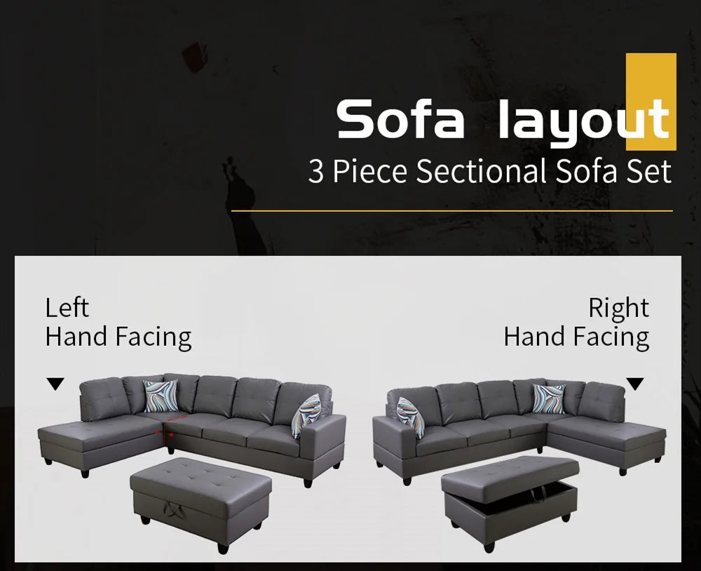 Dark Grey Faux Leather Sectional with Ottoman J8670
